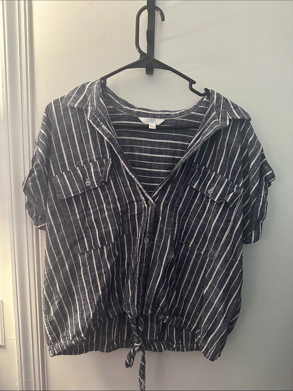 Time and Tru Black and White Striped Button-Front Tie-Hem Shirt